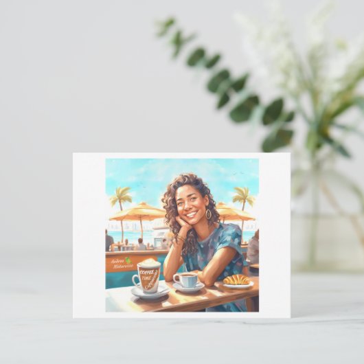 Mädchen mit Kaffeepause Postkarte (Stehend Vorderseite)