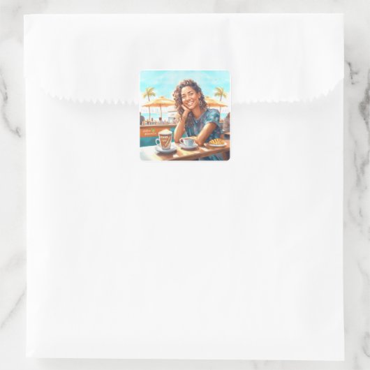 Mädchen mit Kaffeepause Quadratischer Aufkleber (Tasche)