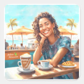 Mädchen mit Kaffeepause Quadratischer Aufkleber (Vorderseite)