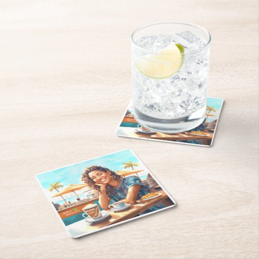 Mädchen mit Kaffeepause Rechteckiger Pappuntersetzer (Vor Ort)