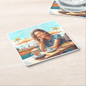 Mädchen mit Kaffeepause Rechteckiger Pappuntersetzer (angewinkelt)