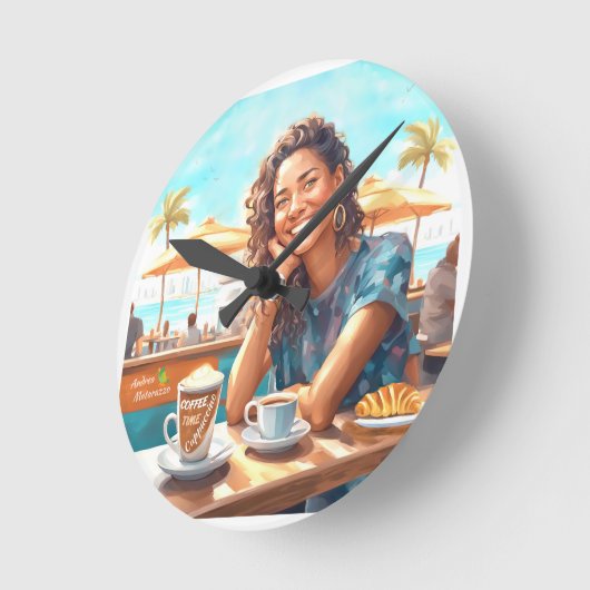 Mädchen mit Kaffeepause Runde Wanduhr (Winkel)