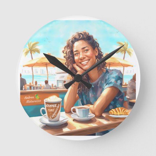 Mädchen mit Kaffeepause Runde Wanduhr (Vorderseite)