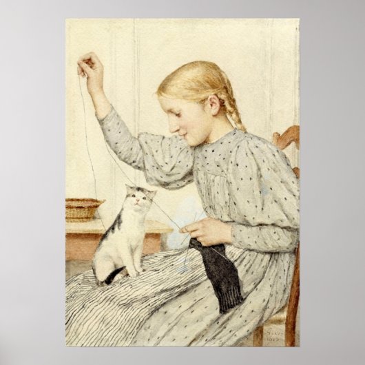 Mädchen mit Katze, Albert Anker Poster (Vorne)