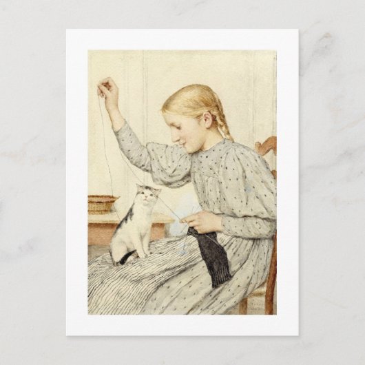 Mädchen mit Katze, Albert Anker Postkarte (Vorderseite)