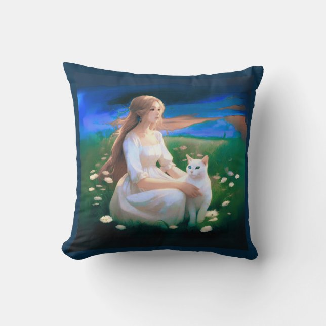 Mädchen mit Katze auf einer Wiese bei Twilight Kissen (Vorderseite)