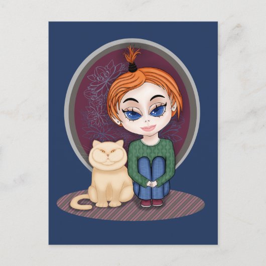 Mädchen mit Katze. Chibi Style. Über echte Freunde Postkarte (Vorderseite)