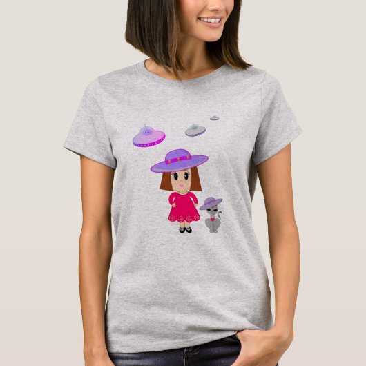 Mädchen mit Katze & fliegenden Saucern T-Shirt (Vorderseite)