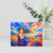 Mädchen mit Katze in fließenden, windigen Farben Postkarte (Stehend Vorderseite)