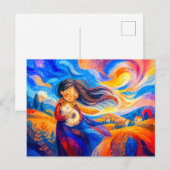 Mädchen mit Katze in fließenden, windigen Farben Postkarte (Vorne/Hinten)