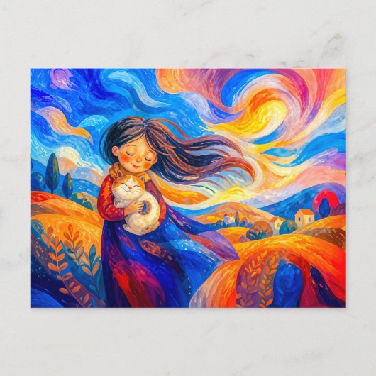 Mädchen mit Katze in fließenden, windigen Farben Postkarte (Vorderseite)