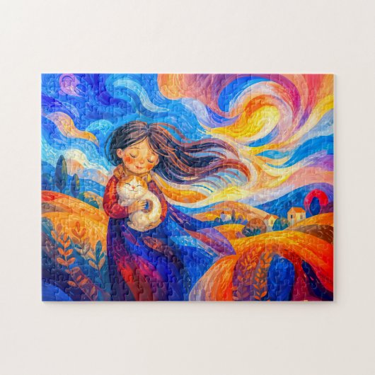 Mädchen mit Katze in fließenden, windigen Farben Puzzle (Horizontal)