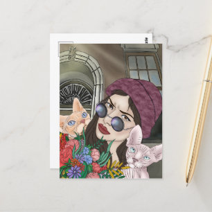 Mädchen mit Katzen Druck, Wert Poster Papier (Matt Postkarte