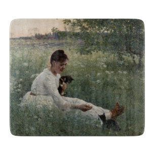 Mädchen mit Katzen in einer Sommerlandschaft (Kätz Schneidebrett