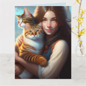 MÄDCHEN MIT KATZKATZEN KUNST Grußkarten Karte (Gelbe Blume)