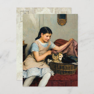 Mädchen mit Kittens in Basket von Albert Anker Postkarte