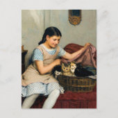 Mädchen mit Kittens in Basket von Albert Anker Postkarte (Vorderseite)