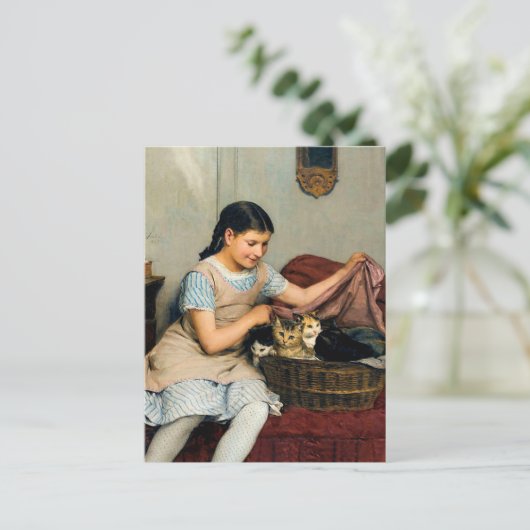 Mädchen mit Kittens in Basket von Albert Anker Postkarte (Stehend Vorderseite)