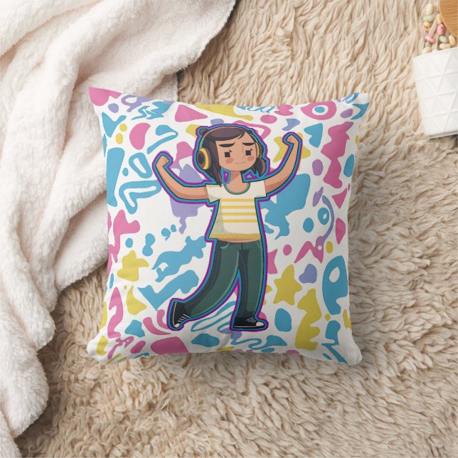 Mädchen mit Kopfhörern, die selbstbewusst spielen  Kissen (Decke)