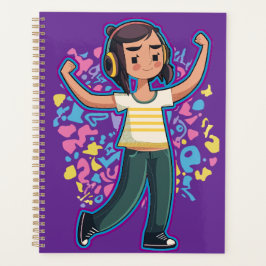 Mädchen mit Kopfhörern, die selbstbewusst spielen  Planer