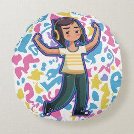 Mädchen mit Kopfhörern, die selbstbewusst spielen  Rundes Kissen