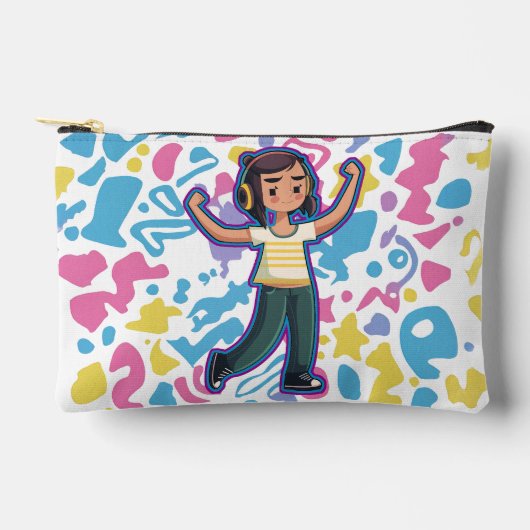 Mädchen mit Kopfhörern, die selbstbewusst spielen Zubehörtasche (Vorderseite)