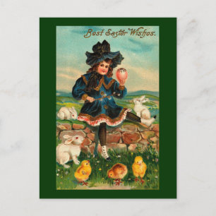 Mädchen mit Küken und Kaninchen Vintage Ostern Feiertagspostkarte