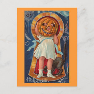 Mädchen mit Kürbiskopf, Halloween Vintage Postkarte