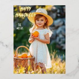 Mädchen mit Kürbiskörbchen Halloween Folie Einladungspostkarte