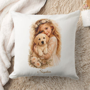 Mädchen mit Labrador-Welpe Kissen