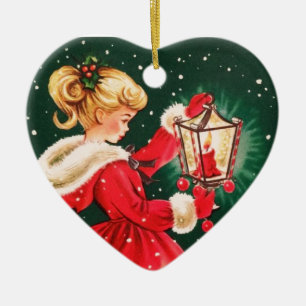 Mädchen mit Laterne im Vintage-Weihnachtsstil Keramik Ornament