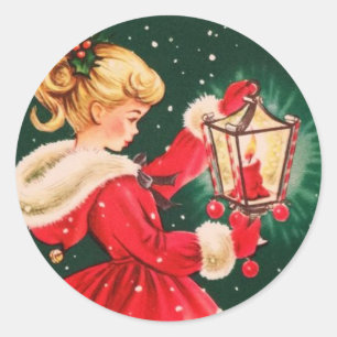 Mädchen mit Laterne im Vintage-Weihnachtsstil Runder Aufkleber