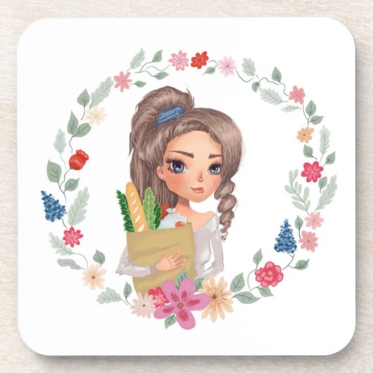 Mädchen mit Lebensmitteln Getränkeuntersetzer (Vorderseite)