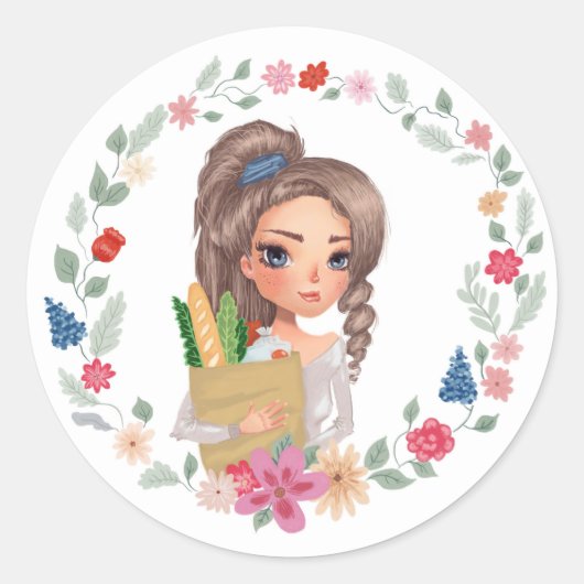 Mädchen mit Lebensmitteln Runder Aufkleber (Vorderseite)