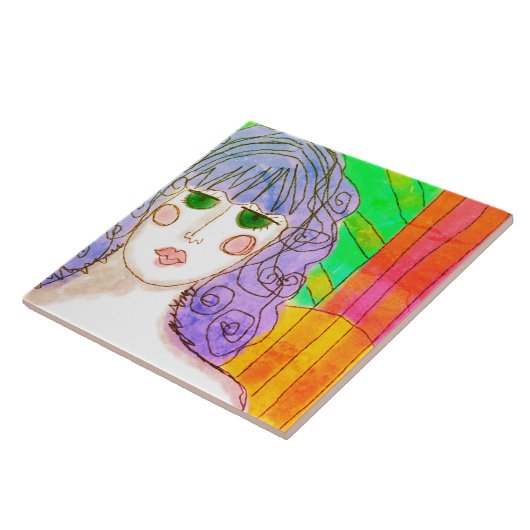 Mädchen mit Lila Haarfarbe Abstrakte digitale Male Fliese (Seite)