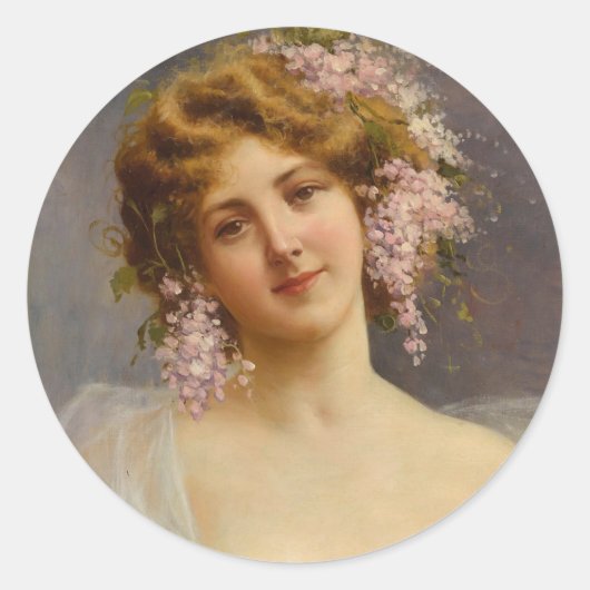 Mädchen mit Lilacs, Achille Beltrame Art Runder Aufkleber (Vorderseite)