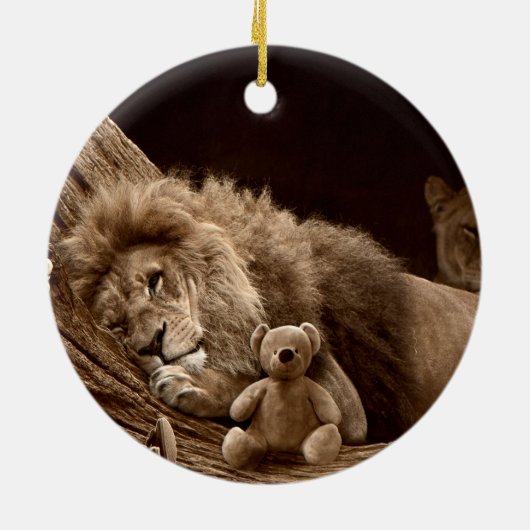 Mädchen mit Löwe und Teddy Bär Keramik Ornament (Hinten)
