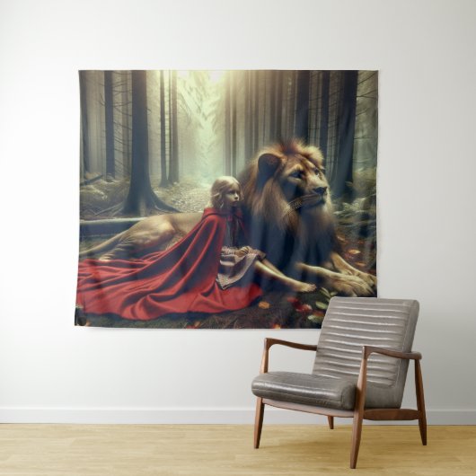 Mädchen mit Löwe Wandteppich (Beispiel (Horizontal))