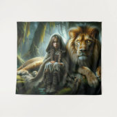 Mädchen mit Löwe Wandteppich (Vorderseite (Horizontal))