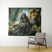 Mädchen mit Löwe Wandteppich (Beispiel (Horizontal))