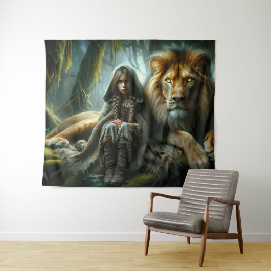 Mädchen mit Löwe Wandteppich (Beispiel (Horizontal))