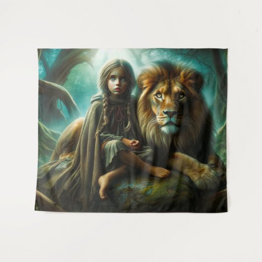 Mädchen mit Löwe Wandteppich (Vorderseite (Horizontal))