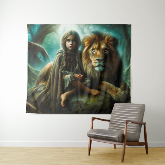 Mädchen mit Löwe Wandteppich (Beispiel (Horizontal))