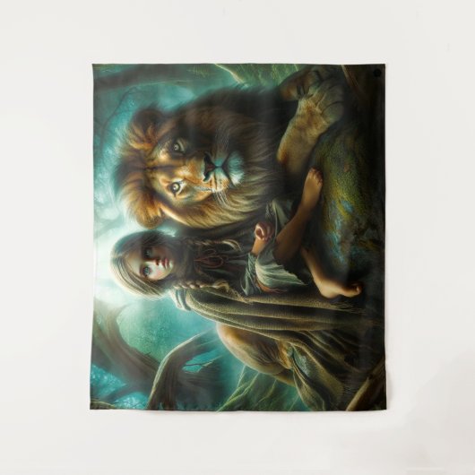 Mädchen mit Löwe Wandteppich (Vorderseite)