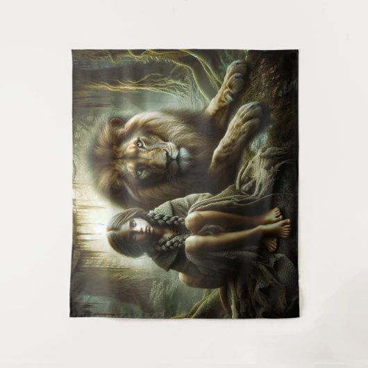 Mädchen mit Löwe Wandteppich (Vorderseite)