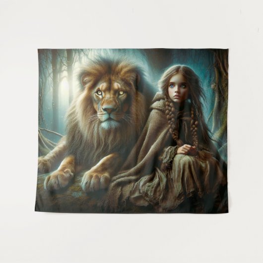 Mädchen mit Löwe Wandteppich (Vorderseite (Horizontal))