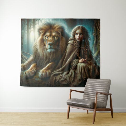 Mädchen mit Löwe Wandteppich (Beispiel (Horizontal))