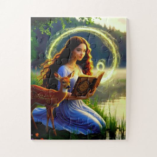 Mädchen mit magischem Hirsch und Buch Puzzle (Vertikal)