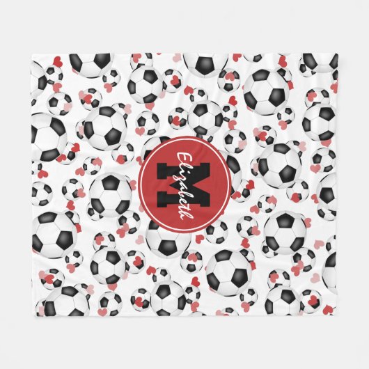 Mädchen mit Monogramm Fußbälle und Herzmuster Fleecedecke (Vorderseite (Horizontal))