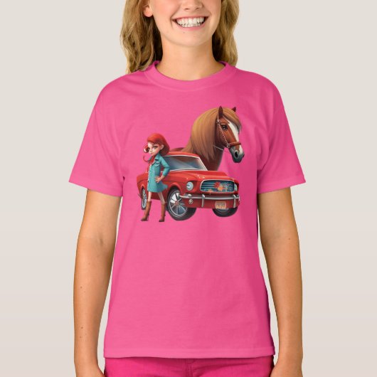 Mädchen mit Mustang Car Horse T-Shirt (Vorderseite)
